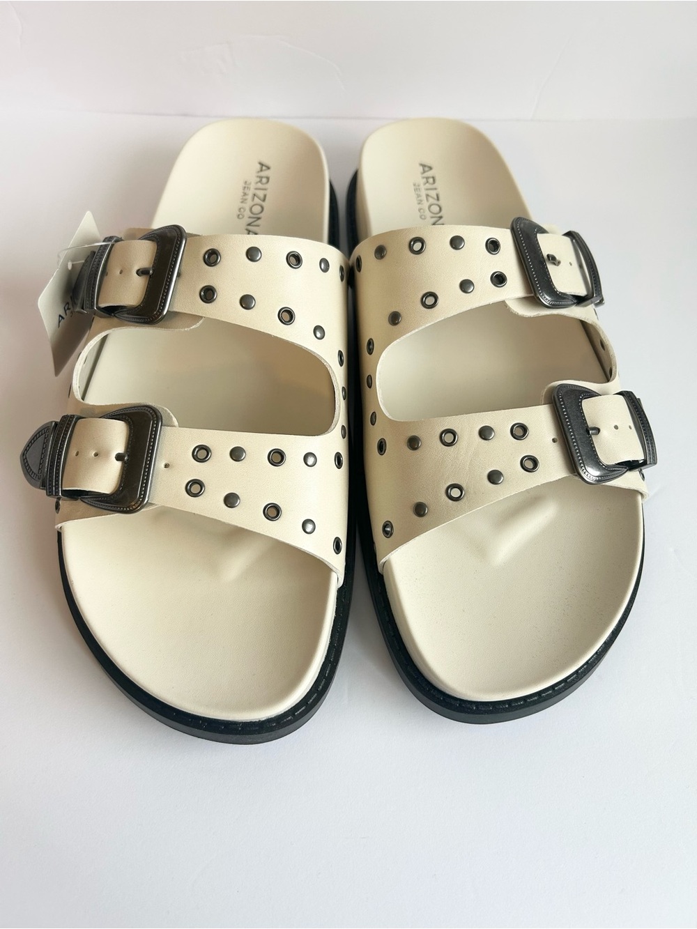 Arizona Jean Company Cream Slide Sandals with Gunmetal Studs & Buckles - Picture 2 of 8